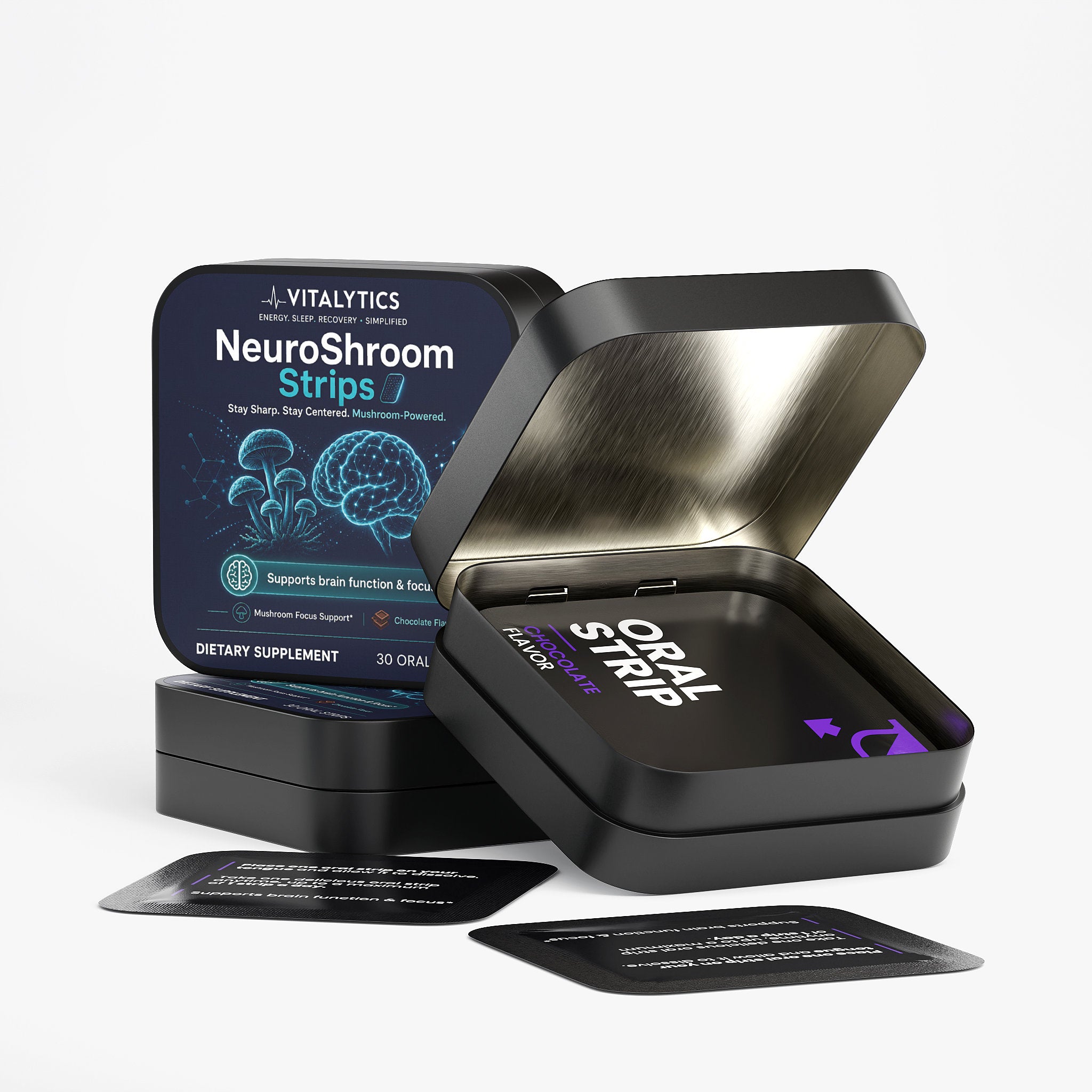 Vitalytics NeuroShroom Strips — Chocolate Mushroom Oral Strips for Focus & Energy