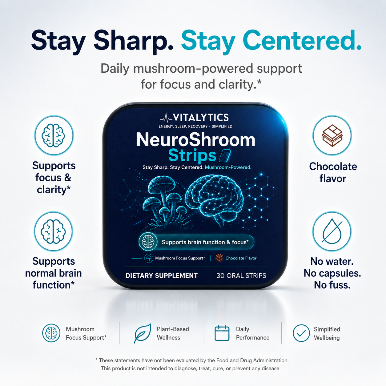 Vitalytics NeuroShroom Strips — Chocolate Mushroom Oral Strips for Focus & Energy