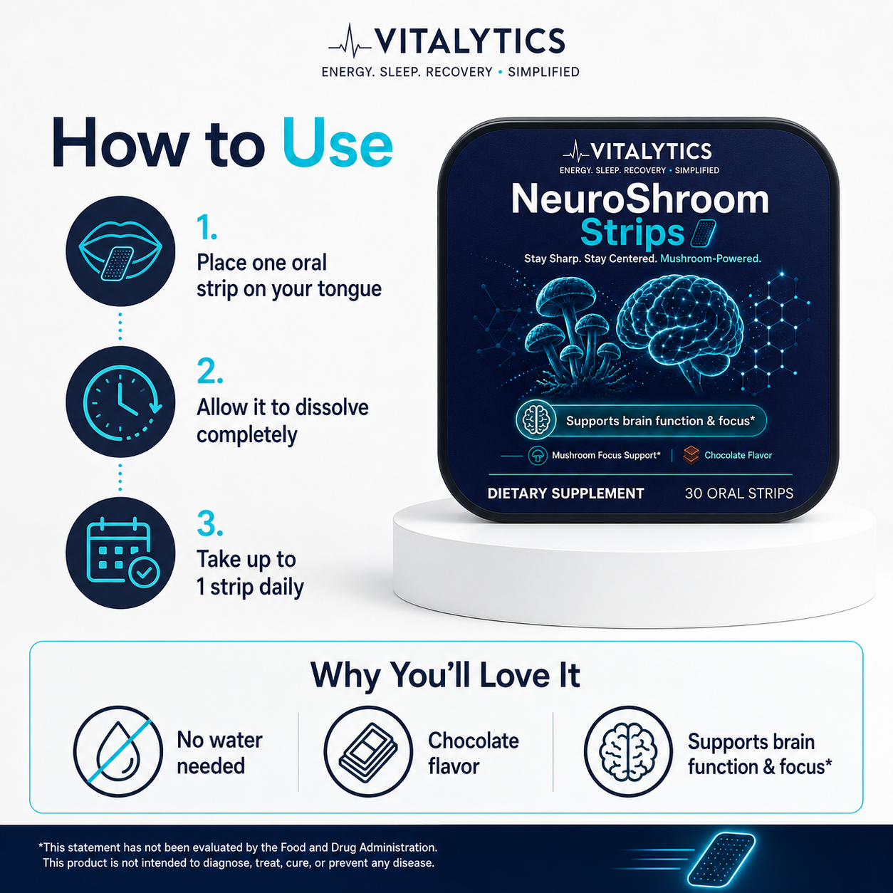 Vitalytics NeuroShroom Strips — Chocolate Mushroom Oral Strips for Focus & Energy