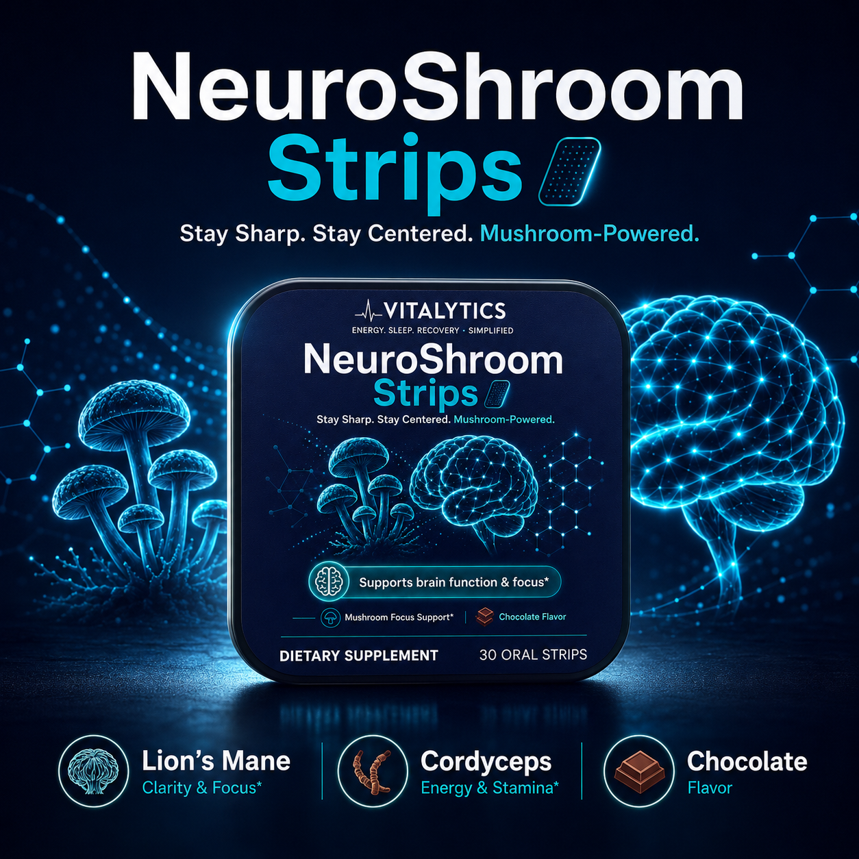 Vitalytics NeuroShroom Strips — Chocolate Mushroom Oral Strips for Focus & Energy