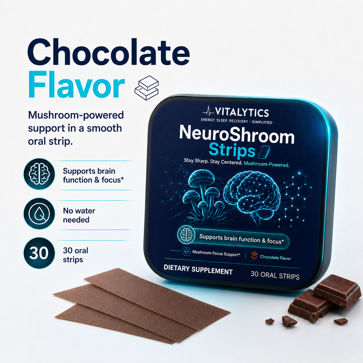 Vitalytics NeuroShroom Strips — Chocolate Mushroom Oral Strips for Focus & Energy