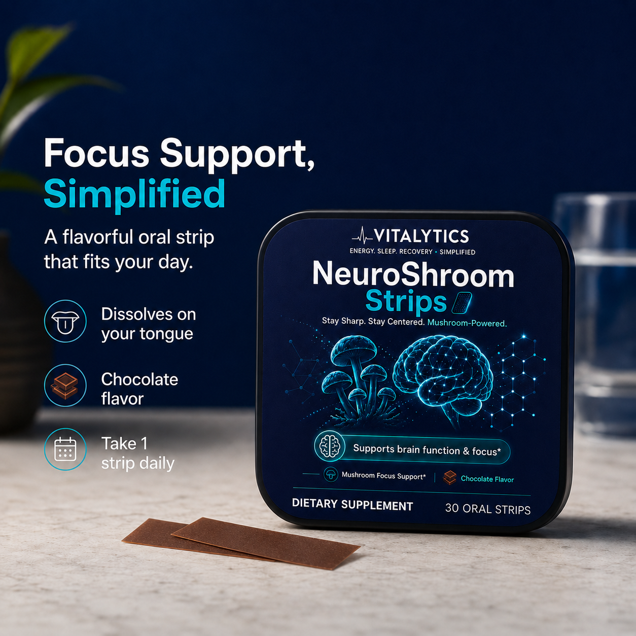 Vitalytics NeuroShroom Strips — Chocolate Mushroom Oral Strips for Focus & Energy