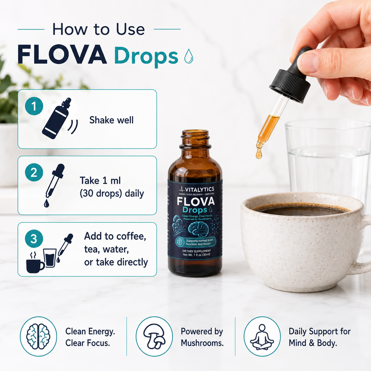 Flova Drops — Lion's Mane + Cordyceps Liquid Nootropic for Focus & Energy