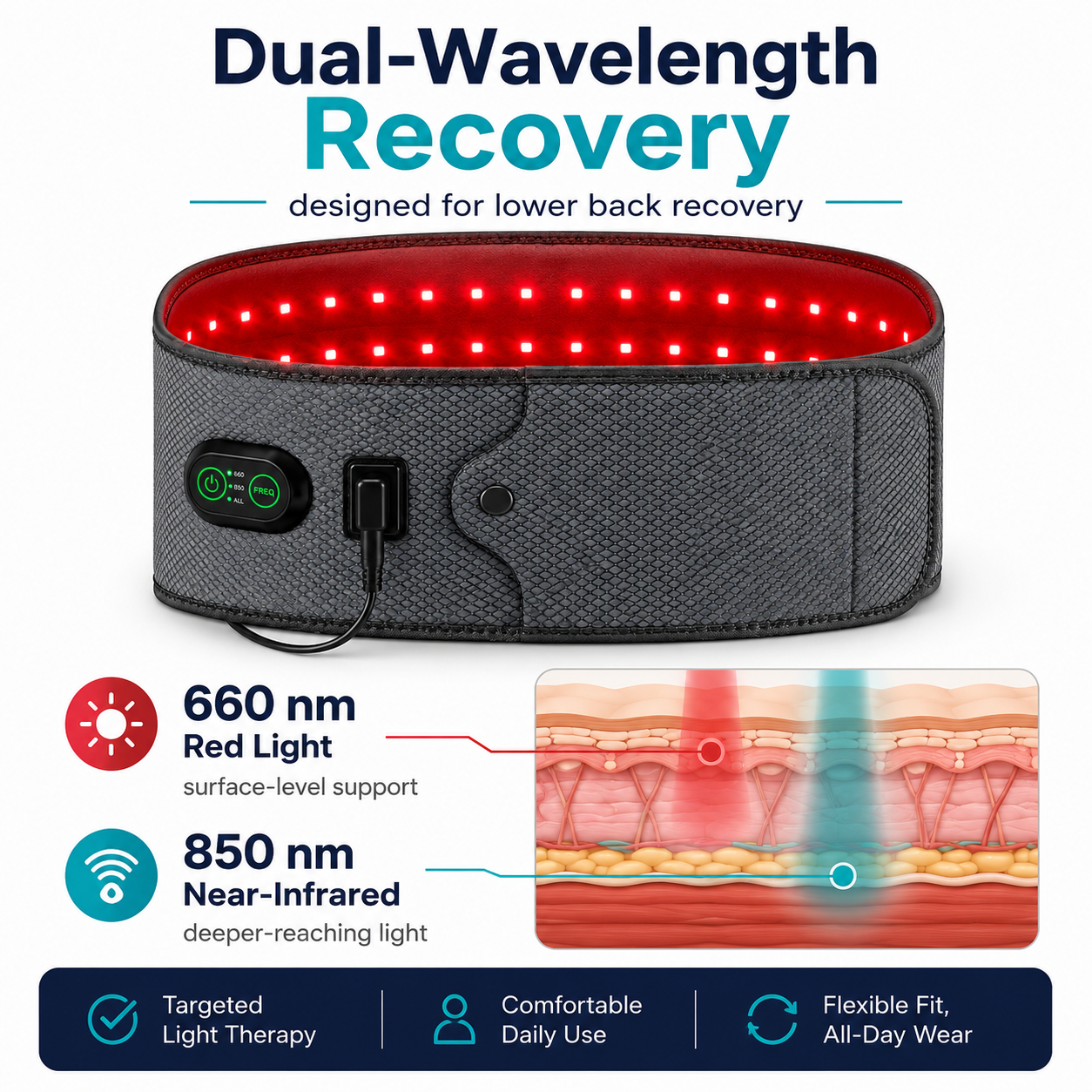 Vitalytics Restore Belt — Red Light Therapy Lower Back Recovery Belt with 660nm & 850nm Dual-Wavelength LEDs