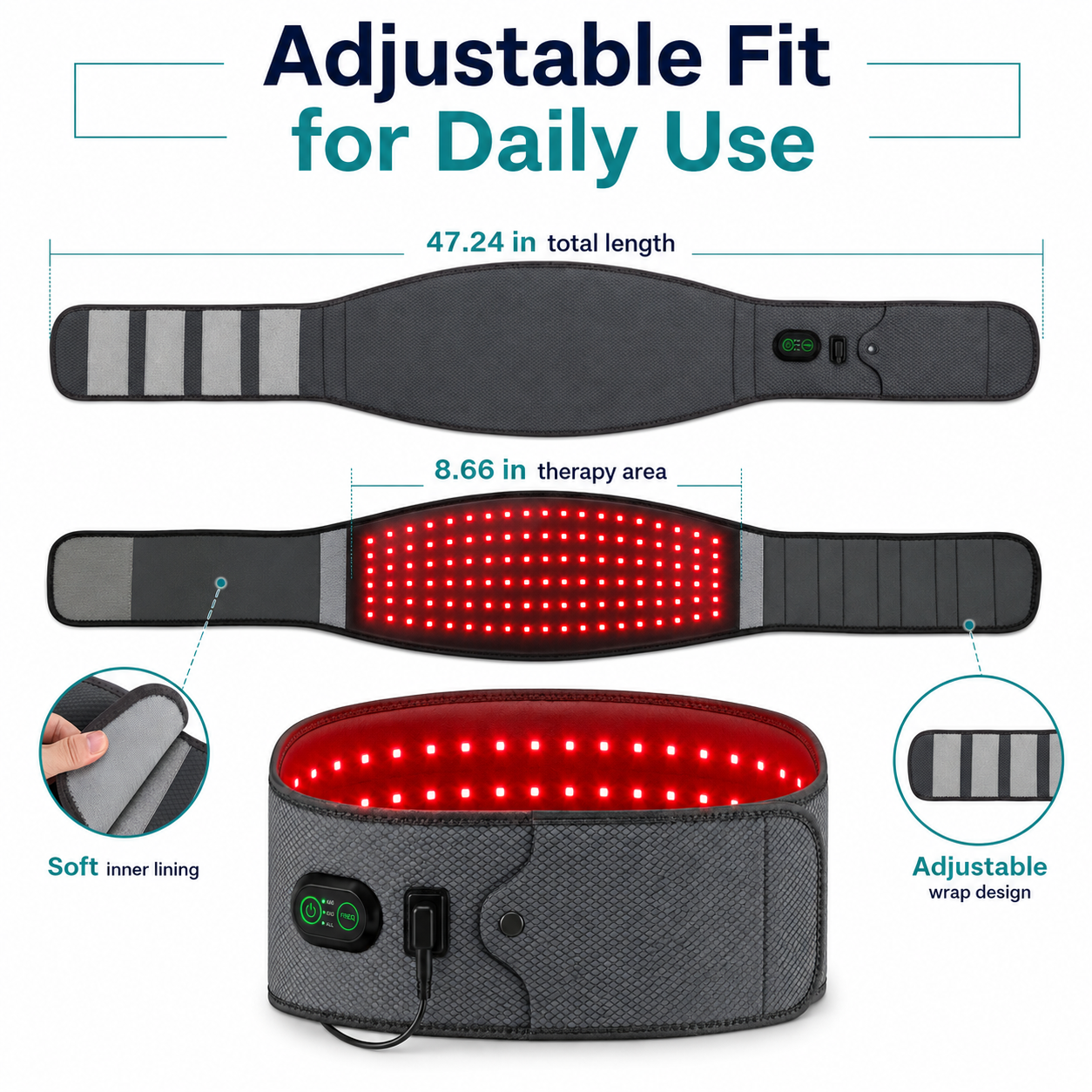 Vitalytics Restore Belt — Red Light Therapy Lower Back Recovery Belt with 660nm & 850nm Dual-Wavelength LEDs